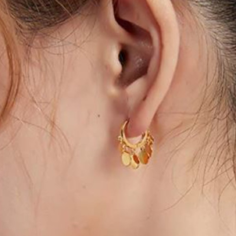 GOLD Dainty Delicate Exotic Bohemian Gypsy Coin Disc Small Huggie Hoop E… - Picture 10 of 11
